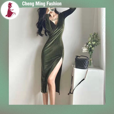 Cheng Ming กระโปรงชุดรัดรูปแขนยาวคอวีสำหรับผู้หญิง,ชุดเดรสกำมะหยี่ย้อนยุคสไตล์ฝรั่งเศสเอวสูงกระชับสัดส่วนกระโปรงยาวปานกลาง