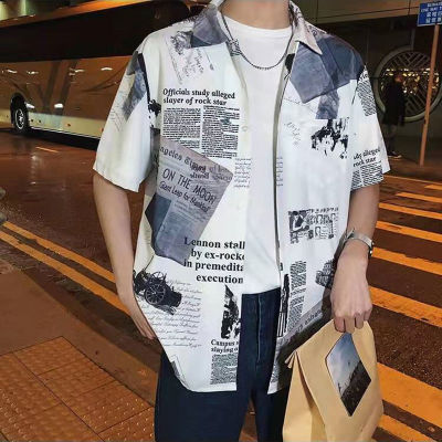 FDเสื้อชายหาดฮาวายผู้ชาย,เสื้อเชิ้ตพิมพ์ลายหนังสือพิมพ์เสื้อทรงหลวมลำลองมีกระดุมสำหรับฤดูร้อน