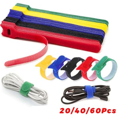 60/20Pcs Durable Soft Nylon Cable Ties 20cm Reusable Ties Organizer Tool Self-Adhesive Tapes