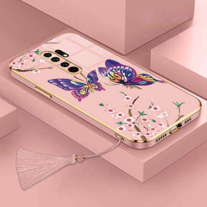 เคสสำหรับ-redmi-9-redmi-9-prime-xiaomi-poco-m2ผีเสื้อสวยงามหรูหราพร้อมกล้องดอกไม้เคสโทรศัพท์ขอบชุบกรอบซิลิโคนนิ่มพร้อมฟรีสายคล้อง