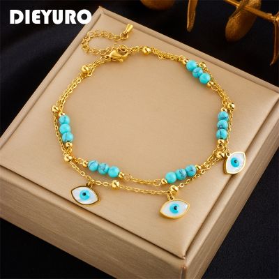 DIEYURO 316L Stainless Steel Eye Star Green Stone Anklets For Women Girl New Trend Ankle Chains Non-fading Jewelry Gift Party