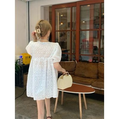 ‘；’ MEXZT Sweet White Blouses Women Elegant Hollow Out Lace Up Shirts Summer Streetwear Korean Puff Sleeve Baggy Casual Chic Tops