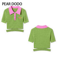 PEAR DODO เสื้อปักลายแขนสั้นสำหรับผู้หญิง,ปักปกเสื้อเปิดเอวสไตล์เกาหลี