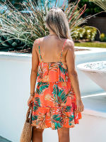 Tropical Leaf พิมพ์ Flounce Mini Dress สำหรับผู้หญิงเซ็กซี่ Cami สายรัด Beach Holiday A-Line ชุด2023ฤดูร้อนหญิง Sundress