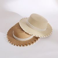 New Women Summer Straw Hat Female Fashion Elegant Pearl Sun Hat Wide Brim Flat Top Visor Hat For Girls Travel Anti-UV Beach Hat