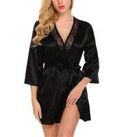 【CW】☑  Nightgowns Nightwear Patchwork Camisola Nighty Nine-Minute Sleeve Silk Wear Nightdress