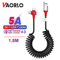 VAORLO สายชาร์จเร็ว USB 3 IN 1,สายชาร์จเร็ว Type C 1.8M 5A สายเคเบิล Lightning Micro USB สายข้อมูลสปริงสำหรับโทรศัพท์แอนดรอยด์ Huawei OPPO Infinix สามารถใช้ได้กับ iPhone 6Plus 13 Pro Max