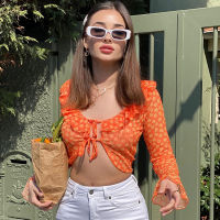 Sexy Open Front Tee Shirt Blouse Women Long Sleeve Floral Tops Casual Flare Sleeve Ruffle Lace Up Crop Top Fashion Streetwear