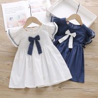 LOK01236 Sweet Bow Princess Dresses Falve Short Sleeve Party Baby Girl Dress Clothings Set 1-6Y