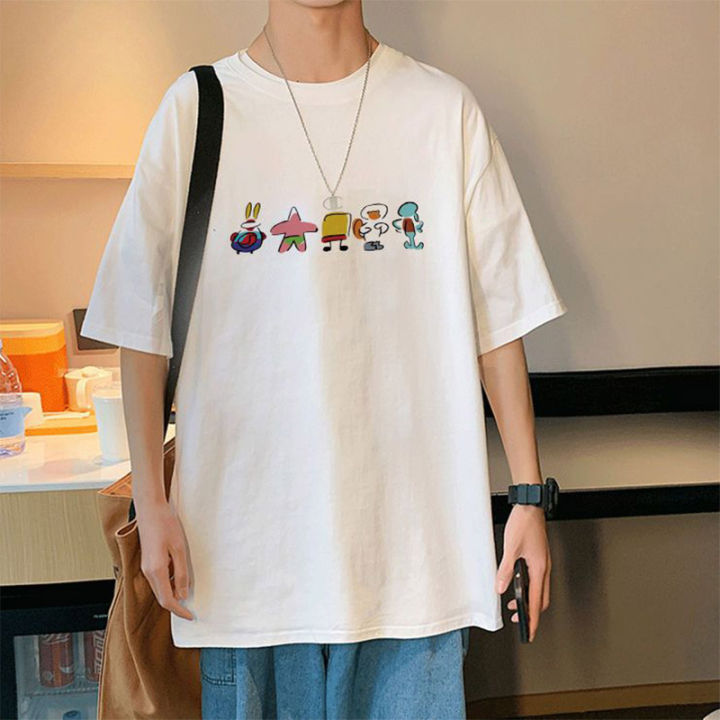 woma-เสื้อยืดแขนสั้นผู้ชายเทรนด์พิมพ์ลายการ์ตูนเกาหลีเสื้อคู่หลวม
