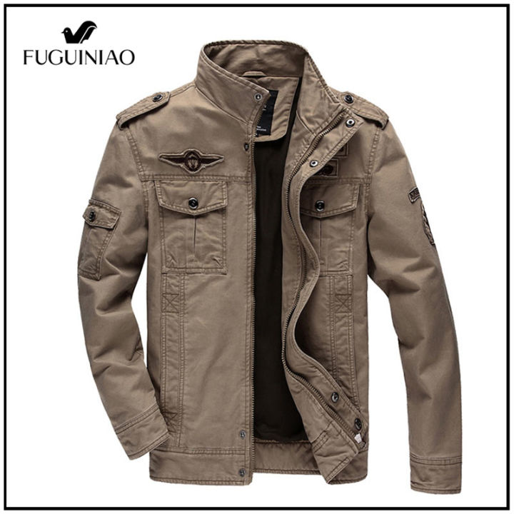 fuguiniao-เสื้อแจ็กเก็ตทหารทรงสลิมของผู้ชาย-ผ้าฝ้ายสีไม่ตกเสื้อคอตั้งเสื้อเบลเซอร์เสื้อโค้ทเสื้อกันหนาวกันลมเสื้อคลุมลำลองเสื้อปี2021