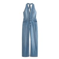 Gifts Spot 2023 European And American Summer New Denim Hanging Neck Collar Sleeveless Jacket Long Jumpsuit Female