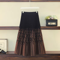 New 2021 Women Knitted Pleated Skirt Autumn Winter Color Patch High Waist Women Long Skirt Female Warm Ladies Maxi Midi Skirt