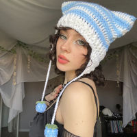 Cat Ear Cap Hairball Women Unisex Cap Knitted Hat Men Y2K Hip Hop Cap Stripe Beanies