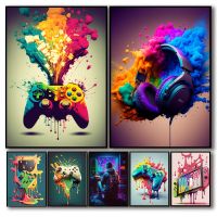 สีสัน Punk Neon Gamer Controller Cool Gaming โปสเตอร์ภาพวาดผ้าใบบทคัดย่อ Aesthetic Wall Art สำหรับ Esports เกมตกแต่งบ้าน Top Gaming Room ตกแต่ง