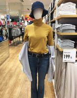 Uniqlo Youjia เสื้อยืดแขนยาวคอตตอนผ้ายืดสองปกสำหรับผู้หญิงฤดูใบไม้ร่วงและฤดูหนาวห้องลองเสื้อ Y428311