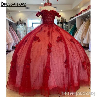 ▽ AEOZAD Vestidos artesanais Quinceanera vermelhos com apliques 3D vestidos de baile querida 15 anos