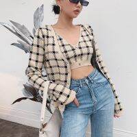 ❉✻┇ style sexy short suspenders plaid knitted jacket two-piece women 2020 spring and autumn fashion suit