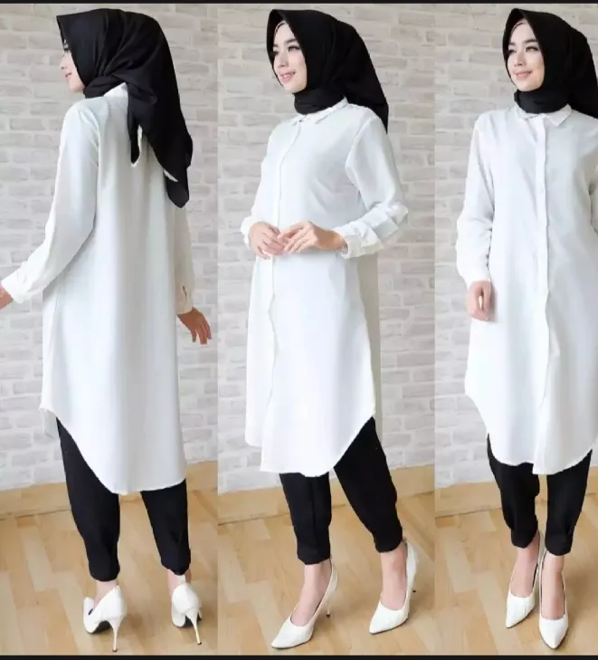Tunik Putih Kemeja Tunik Putih Polos Atasan Wanita Baju Muslim Wanita Lazada Indonesia
