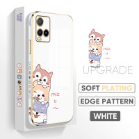 เคสสำหรับ Vivo Y21 2021 Y21S ฟรีสายคล้อง Y33S Y21A + การ์ตูนหมาแมวขอบสี่เหลี่ยมชุบหรูหราชุบเคลือบผิวด้วยเคสโทรศัพท์นิ่ม