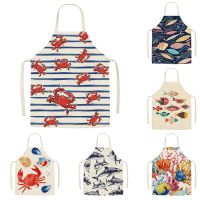 1Pcs Kitchen Apron Cartoon Whale Printed Sleeveless Cotton Linen Aprons Men Women Home Cleaning Tools 55*68cm Aprons