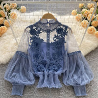 Chic Fashion Design Sense Niche Three-dimensional Flower Collage Perspective Mesh Lantern Sleeves Slim Short Top Womens Lace Bottoming Shirt