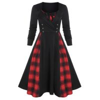 WomenS Christmas Contrast Check Pattern Stitching Double-Breasted Long-Sleeved Slim Dress