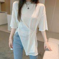 Fashion O-Neck Solid Color All-Match Irregular T-Shirt Womens Clothing 2023 Summer New Casual Pullovers Asymmetrical Tee Shirt