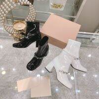 2023 MIUMIUˉAutumn/Winter New Pearl Metal Chain Mary Jane Square Headed Thick Heel Short Boots