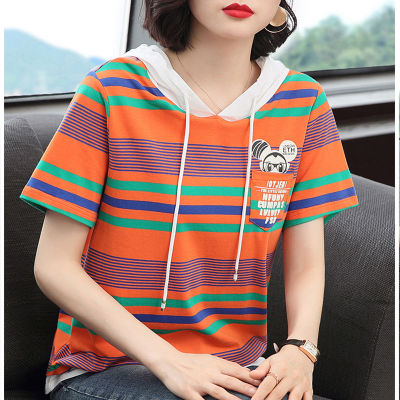 จัดส่งฟรีเกาหลีขนาดใหญ่เสื้อยืดพิมพ์ลายสำหรับผู้หญิงอินเทรนด์เสื้อ Hooded สั้นเสื้อผู้หญิง T เสื้อฤดูร้อนสีแดง Tee Plus ขนาด