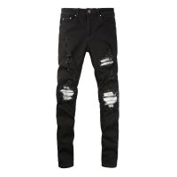 ﺴ♚ AMIRI New street fashion men jeans fit with holes white patch designer style high