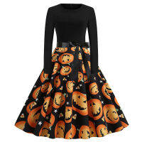 Dark Gothic Halloween Midi A-Length A-Line Dress พิมพ์รอบคอแขนยาว Hem Dresses 2023ชุดสีดำใหม่