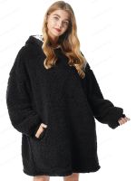 geegostudio Solid Plush Hooded Robe, Warm &amp; Comfy Wearable Blanket Robe With Pockets, Womens Sleepwear