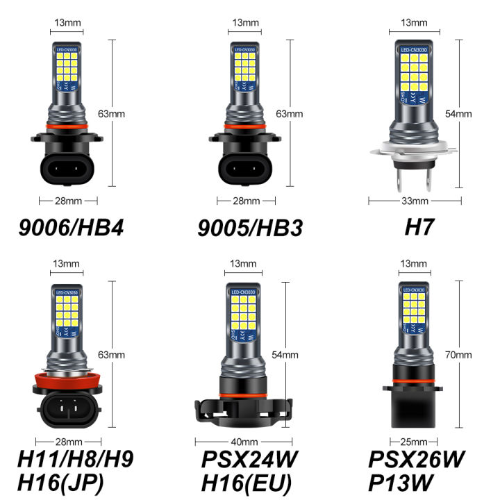h11-psx24w-h8-9006-hb4-hb3-2400lm-psx26w-p13w-ไฟตัดหมอกหลอดไฟ6000k-สีขาวรถขับรถวิ่งโคมไฟอัตโนมัติ-leds-light