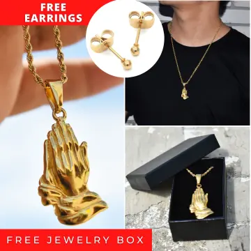 14K Yellow Gold Praying Hands Serenity Prayer Pendant Charm Necklace  Religious H: 16464510844979