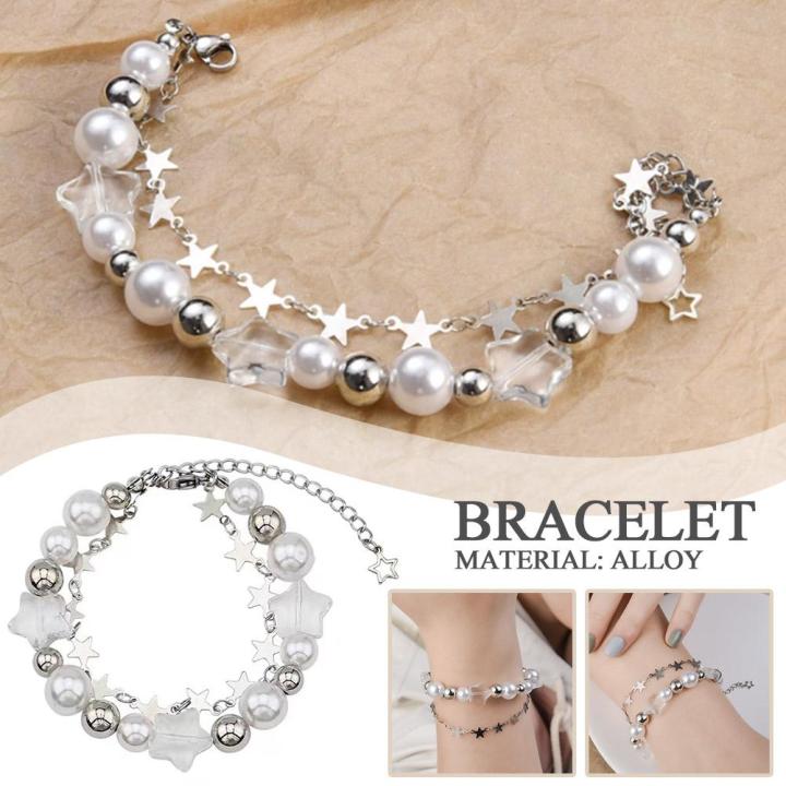 Double Layers Y2K Charms Chain Bracelets Harajuku Crystal Star Pentagram  Pearl Beaded Bracelet for Women Vintage Jewelry Gift
