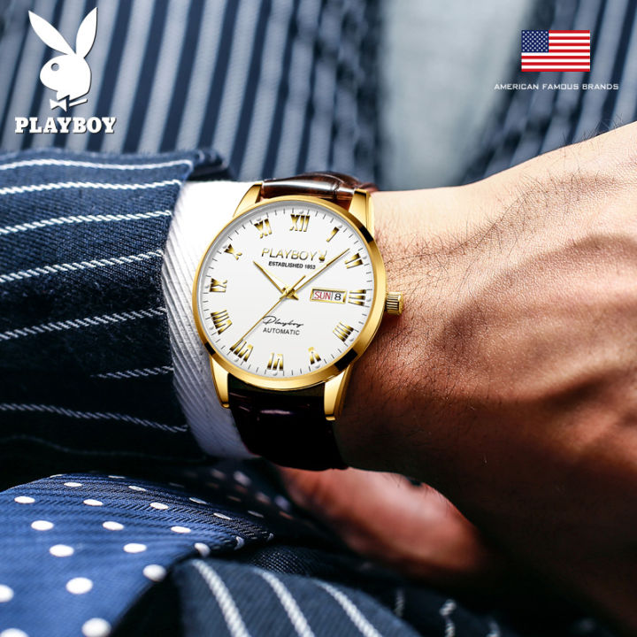 100-ของแท้-playboy-นาฬิกาผู้ชาย-2023-ของแท้แบรนด์เนมนาฬิกาจักรกลอัตโนมัติน้ำสีเขียวผีกันน้ำส่องสว่างหนัง-นาฬิกาข้อมือผช