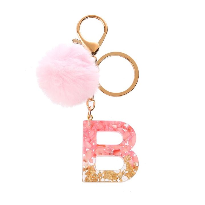 1pc-pink-pompom-letter-keychain-english-alphabet-keyring-with-puffer-ball-glitter-gradient-resin-car-mirror-handbag-charms-key-chains