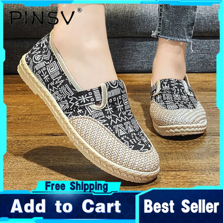 PINSV แฟชั่น Women Shoes ผ้าลินินก๋วยเตี๋ยวน้ำหนักเบาด้านล่างแบนรองเท้า ...