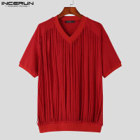 Medussa INCERUN เสื้อถักนิตติ้งสีพื้นกลวงสำหรับผู้ชายเสื้อยืดแขนสั้นฮิปปี้ (สไตล์ตะวันตก)