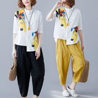 COD DSGERTRYTYIIO ⚡Women Blouse Printed Plus Size Womens Irregular White Shirt Casual Wide-Leg Pants Two-Piece Suit