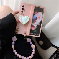 3D Cute Colorful Love Heart Bracket Phone Case For Samsung Galaxy Z Fold 5 4 3 Geometry Jade Chain Hinge Protector Armor Cover