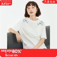 GIORDANO Women T-Shirts Flower Embroidery Light Oxygen Summer Tee Short Sleeve Crewneck Comfort Fashion Casual Tshirts 18323611