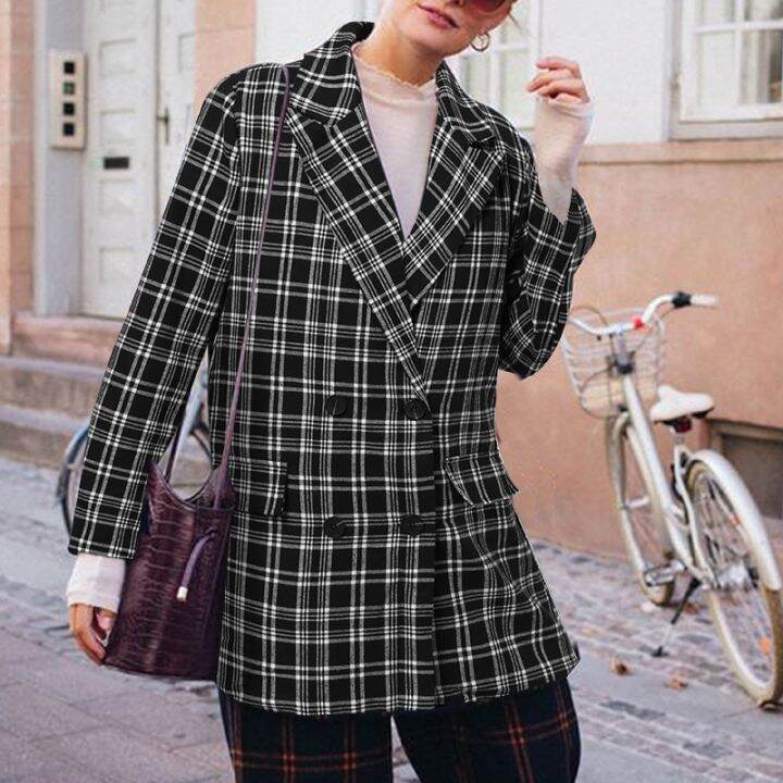 celmia-women-elegant-plaid-long-sleeve-collar-double-breasted-casual-blazer