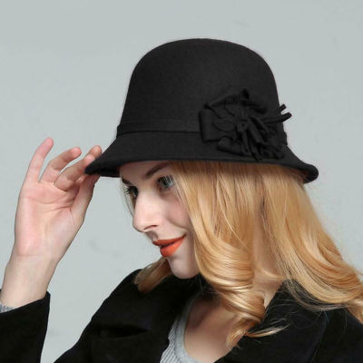 Women Fashion Warm Bucket Hat Imitation Wool Holiday Vintage s Elegant Round Wide Brim Bowler Cap Flower Felt Autumn Winter