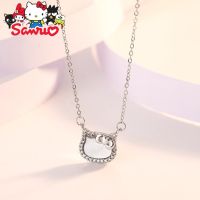 Sanrio สร้อยคอ Hello Kitty,เครื่องประดับโซ่ไหปลาร้าสำหรับแฟนหนังแท้ประดับมุกธรรมชาติสำหรับสุภาพสตรี