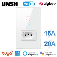 【DT】hot！ Tuya Brazil WiFi ZigBee 16A 20A Socket Glass Panel 1 2 gang With home