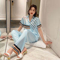 20212021 new ice silk pajamas women summer short-sleeved trousers outside wearing a suit version of simulation silk home clothes