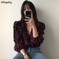 Shirt Women Vintage Printed V-neck Sexy Korean Style Top Sweet Lantern Sleeve Retro Chic All-match Spring Autumn Single Breasted