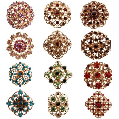 Plated Crystal Rhinestones Small Bejeweled Brooch Pins for Wedding Bridal Party Round Bouquet DIY Rhinestone Accessories